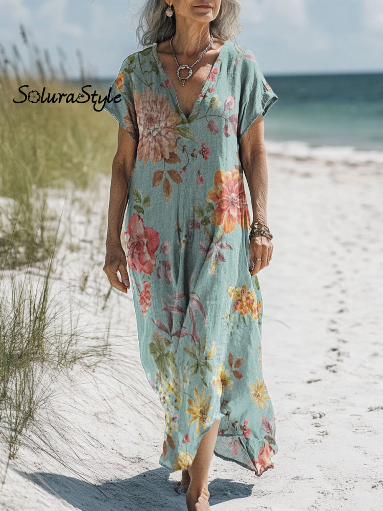 Women's Vintage Color Clash Floral Art Print Casual Round Neck Pocket Cotton Dresses main image 1