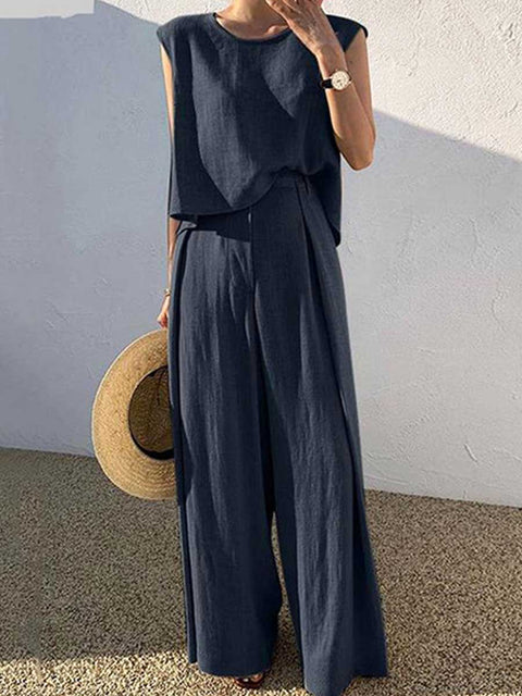 Women's Solid Color Casual Elegant Stylish Sleeveless Top Wide-leg Pants Two-piece Suit