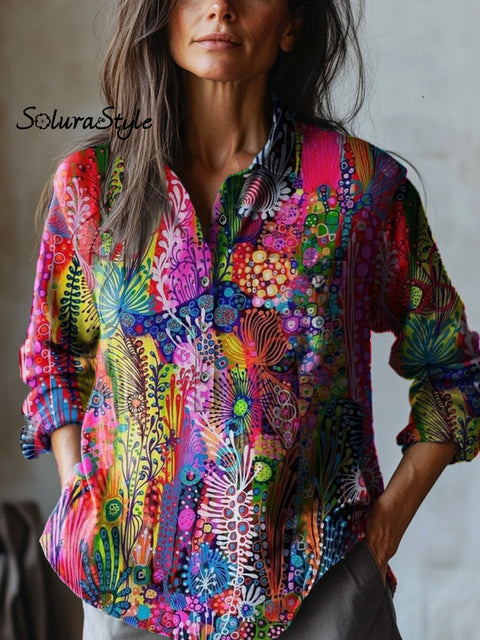 Abstract Coral Reef Art Printed Women’s Casual Cotton And Linen Shirt Multicolor / S