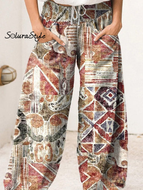 Abstract Ethnic Pattern Printed Women’s Cotton Wide Leg Pant