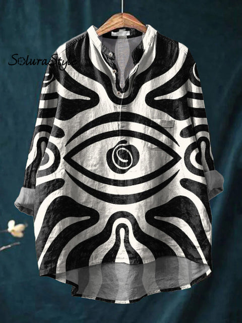 Abstract Eye Art Printed Women’s Casual Long Sleeve Comfortable Cotton Shirt Blackwhite / S