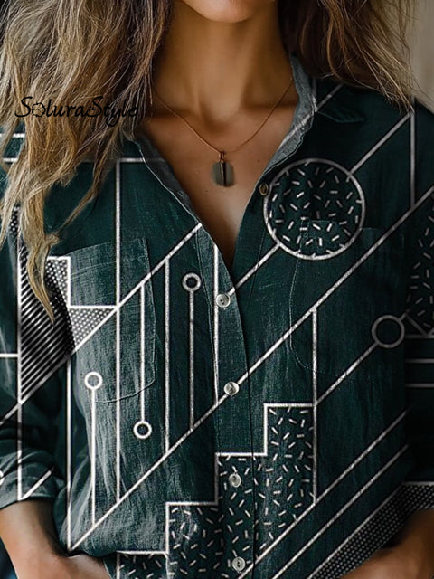 Abstract Geometric Art Printed Women’s Casual Long Sleeve Comfortable Cotton Shirt