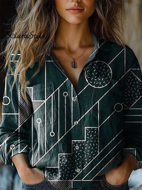 Abstract Geometric Art Printed Women’s Casual Long Sleeve Comfortable Cotton Shirt Multicolor / S