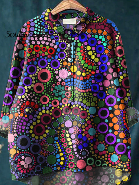Abstract Geometric Circle Pattern Printed Women’s Casual Cotton And Linen Shirt
