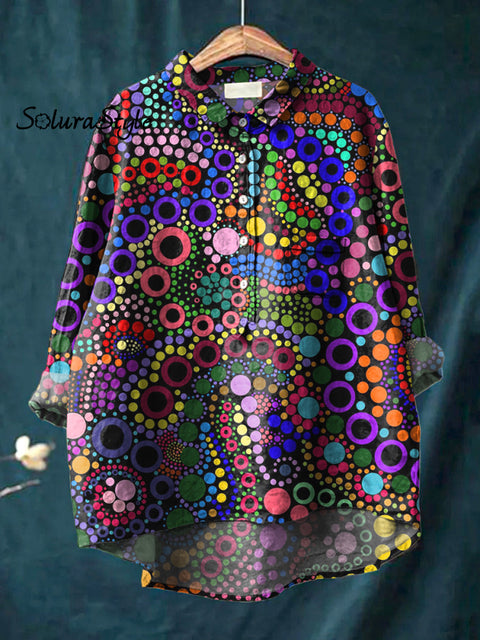 Abstract Geometric Circle Pattern Printed Women’s Casual Cotton And Linen Shirt Multicolor / S