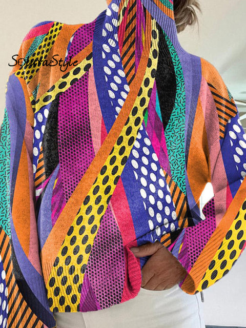 Abstract Geometric Pattern Printed Knit Turtleneck Pullover Sweater
