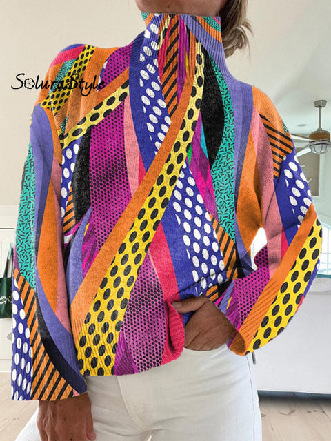 Abstract Geometric Pattern Printed Knit Turtleneck Pullover Sweater Multicolor / S