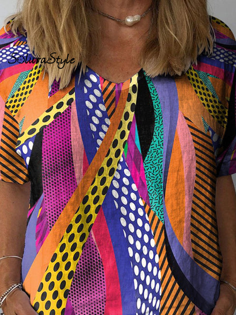 Abstract Geometric Pattern Printed Women’s Casual Cotton And Linen Shirt