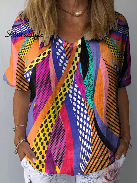 Abstract Geometric Pattern Printed Women’s Casual Cotton And Linen Shirt Multicolor / S