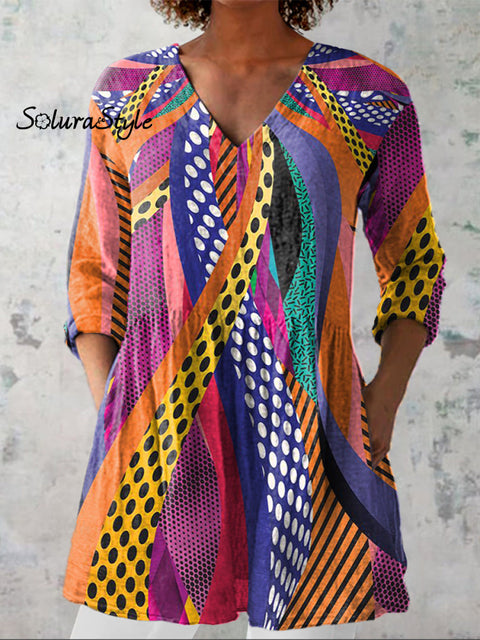 Abstract Geometric Pattern Printed Women’s Casual Linen V-Neck Shirt Multicolor / S