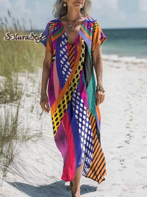 Abstract Geometric Pattern Printed Women’s Pocket Cotton Dress Multicolor / S
