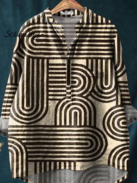 Abstract Line Art Printed Women’s Casual Long Sleeve Comfortable Cotton Shirt