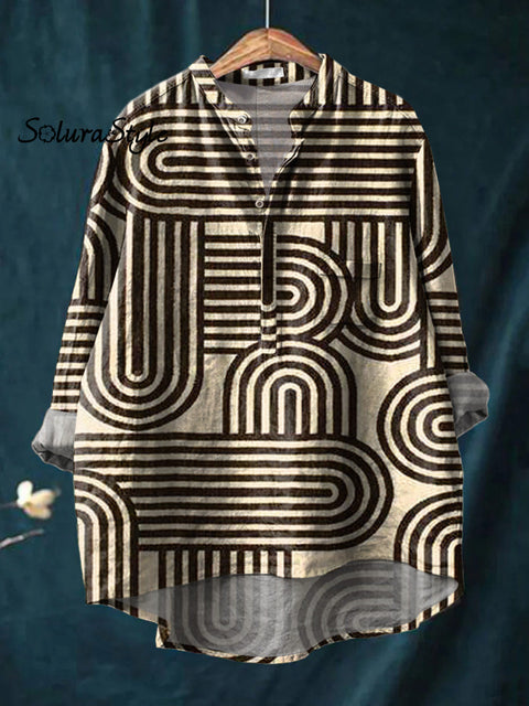 Abstract Line Art Printed Women’s Casual Long Sleeve Comfortable Cotton Shirt Multicolor / S