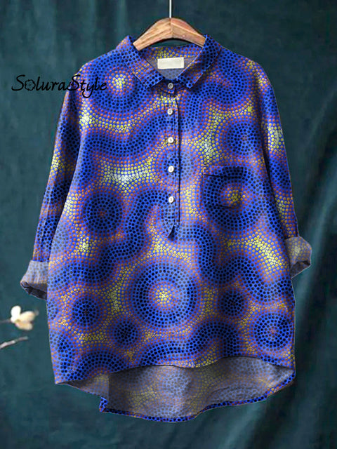 Abstract Modern Art Printed Women’s Casual Cotton And Linen Shirt Multicolor / S