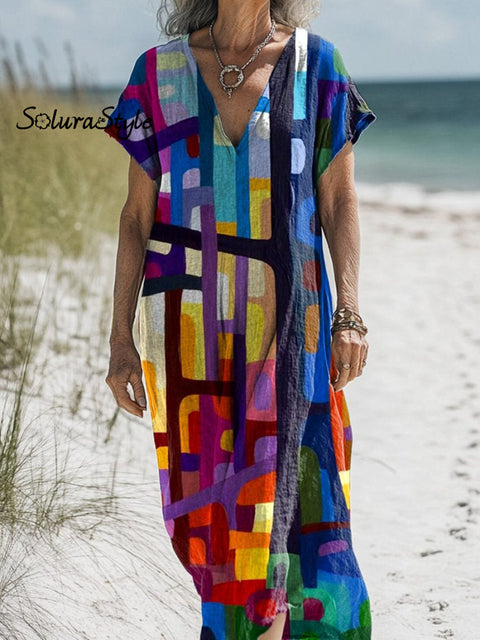 Abstract Oil Painting Woodland Art Printed Women’s Pocket Cotton Dress