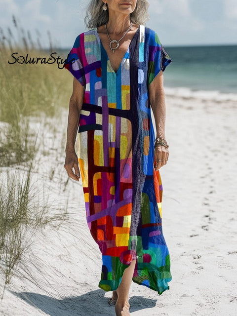 Abstract Oil Painting Woodland Art Printed Women’s Pocket Cotton Dress Multicolor / S