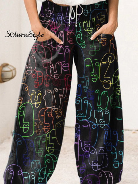 Abstract Portrait Pattern Printed Women’s Cotton Wide Leg Pant