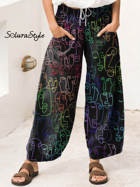 Abstract Portrait Pattern Printed Women’s Cotton Wide Leg Pant Multicolor / S