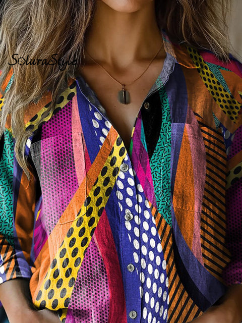 Abstract Psychedelic Pattern Printed Women’s Casual Long Sleeve Comfortable Cotton Shirt