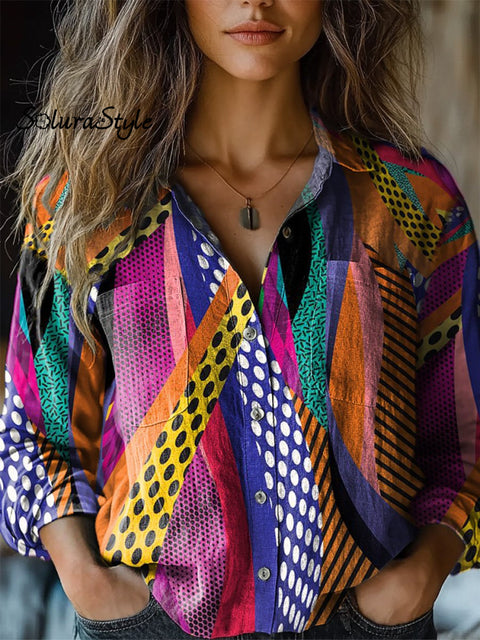 Abstract Psychedelic Pattern Printed Women’s Casual Long Sleeve Comfortable Cotton Shirt