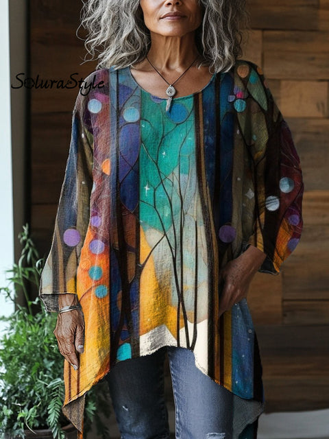 Abstract Woodland Art Printed Women’s Pocket Cotton Top Multicolor / Onesize