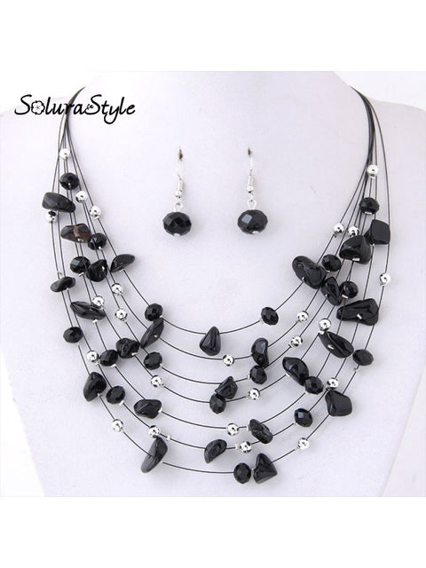 Bohemian Crystal Layered Necklace And Earrings Set Black / Onesize