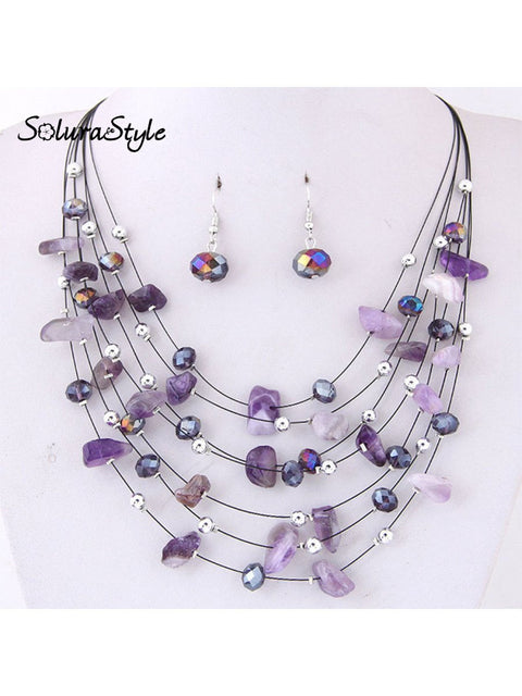 Bohemian Crystal Layered Necklace And Earrings Set Purple / Onesize
