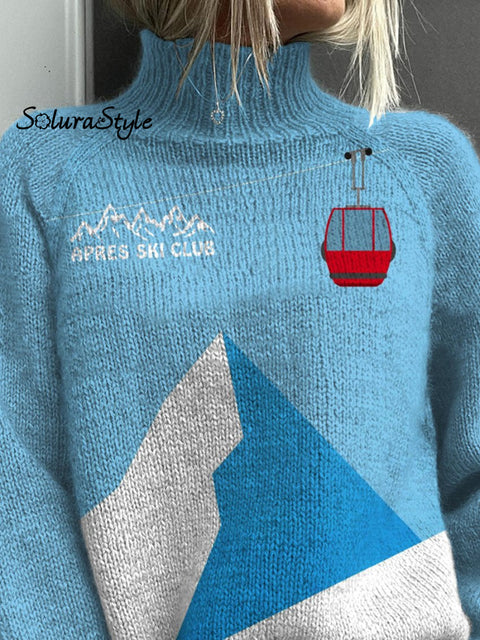Cable Car And Snowy Mountain Art Printed Knit Turtleneck Pullover Sweater