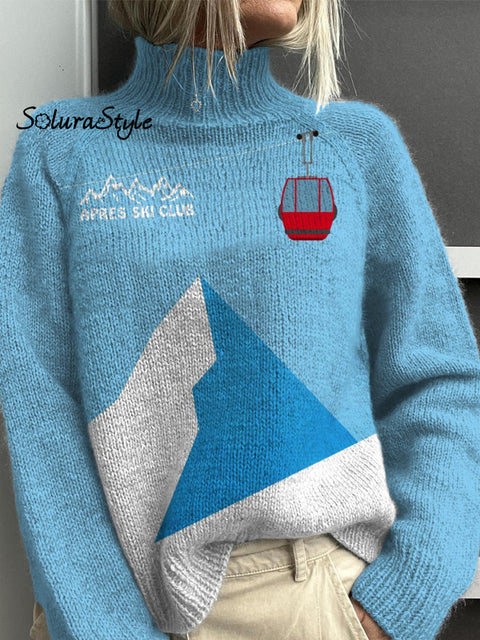 Cable Car And Snowy Mountain Art Printed Knit Turtleneck Pullover Sweater Multicolor / S