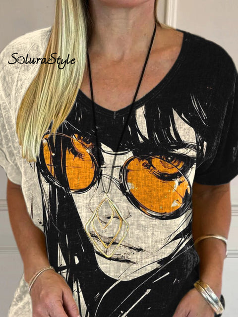 Comic Style Women Portrait Art Printed Women’s Casual Cotton And Linen Shirt