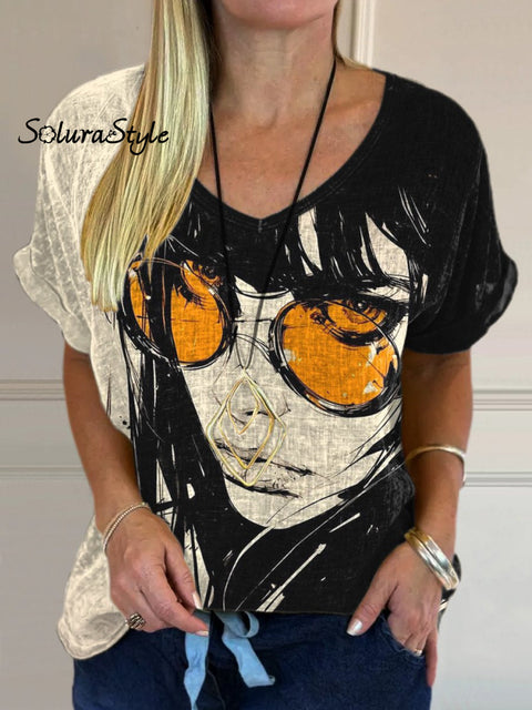 Comic Style Women Portrait Art Printed Women’s Casual Cotton And Linen Shirt Multicolor / S