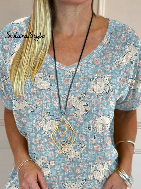 Countryside Rabbit Pattern Printed Women’s Casual Cotton And Linen Shirt
