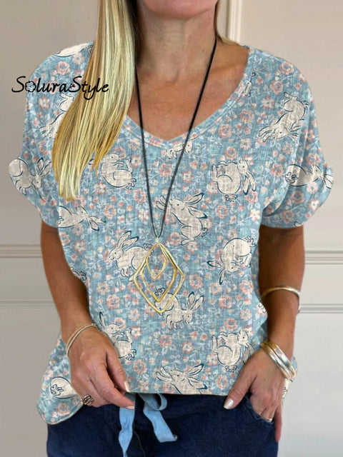 Countryside Rabbit Pattern Printed Women’s Casual Cotton And Linen Shirt Multicolor / S