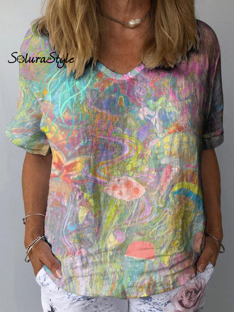 Dreamcore Jellyfish Art Printed Women’s Casual Cotton And Linen Shirt Multicolor / S
