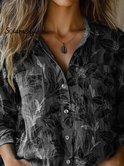 Elegant Lily Floral Pattern Printed Women’s Casual Long Sleeve Comfortable Cotton Shirt