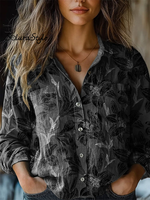 Elegant Lily Floral Pattern Printed Women’s Casual Long Sleeve Comfortable Cotton Shirt