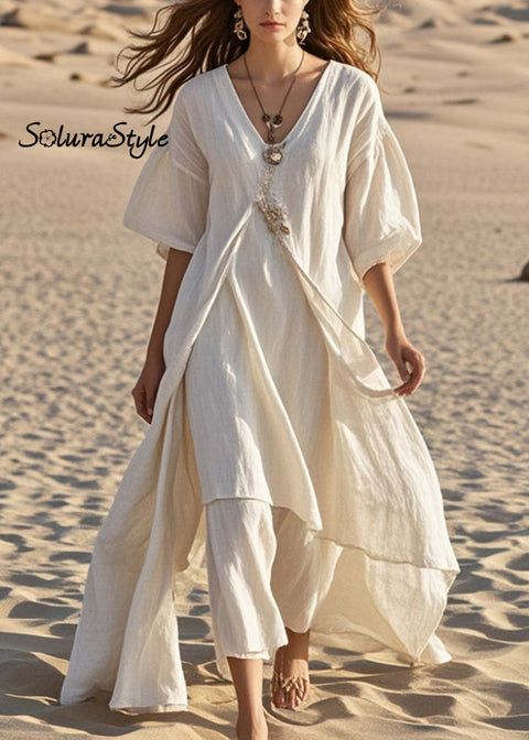 Elegant White Asymmetrical Cotton Long Dress Summer 2025-Spring-Summer-Linen