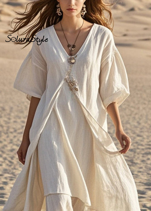 Elegant White Asymmetrical Cotton Long Dress Summer 2025-Spring-Summer-Linen