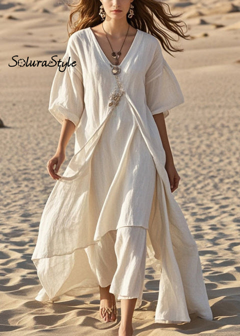 Elegant White Asymmetrical Cotton Long Dress Summer 2025-Spring-Summer-Linen