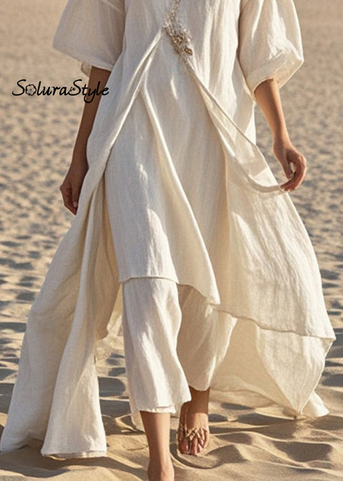 Elegant White Asymmetrical Cotton Long Dress Summer 2025-Spring-Summer-Linen