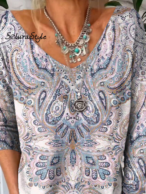 Ethnic Style Spring Pattern Printed V-Neck Pullover Knit Top