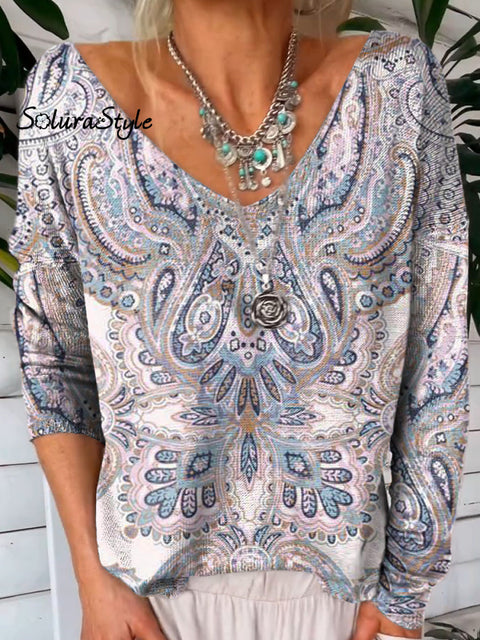 Ethnic Style Spring Pattern Printed V-Neck Pullover Knit Top Multicolor / S