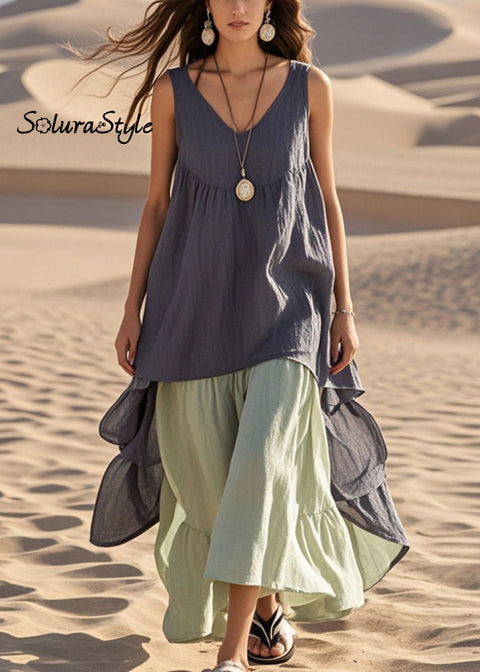 Fashion Grey Oversized Patchwork Cotton Fake Two Piece Dress Summer 2025-Spring-Summer-Linen