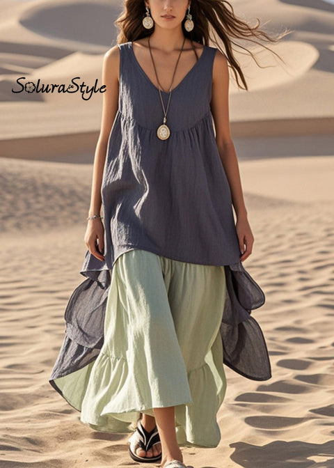 Fashion Grey Oversized Patchwork Cotton Fake Two Piece Dress Summer 2025-Spring-Summer-Linen