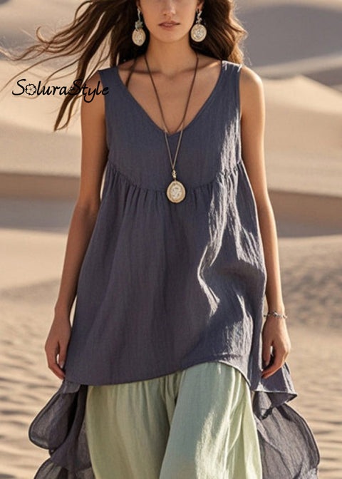 Fashion Grey Oversized Patchwork Cotton Fake Two Piece Dress Summer 2025-Spring-Summer-Linen