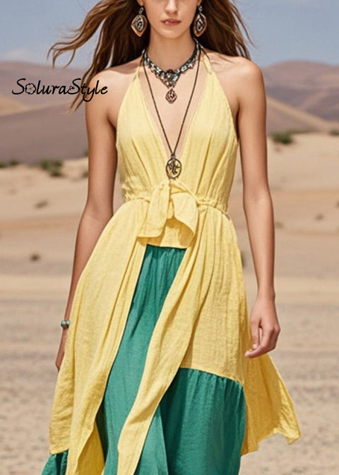 Fine Yellow Asymmetrical Patchwork Cotton Halter Dresses Summer 2025-Spring-Summer-Linen