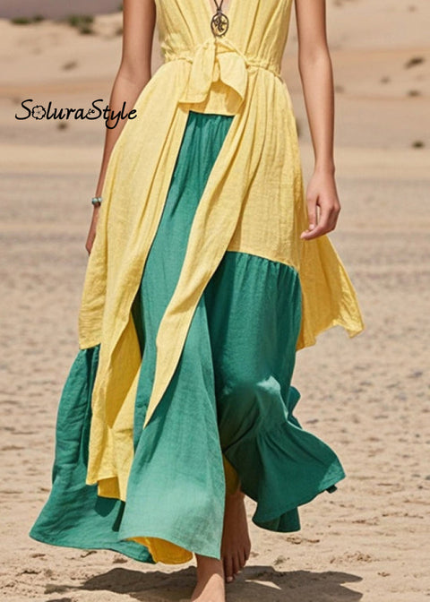 Fine Yellow Asymmetrical Patchwork Cotton Halter Dresses Summer 2025-Spring-Summer-Linen
