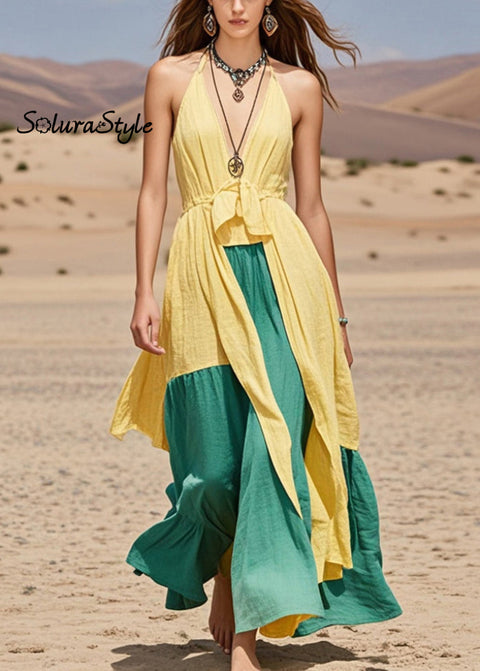 Fine Yellow Asymmetrical Patchwork Cotton Halter Dresses Summer 2025-Spring-Summer-Linen
