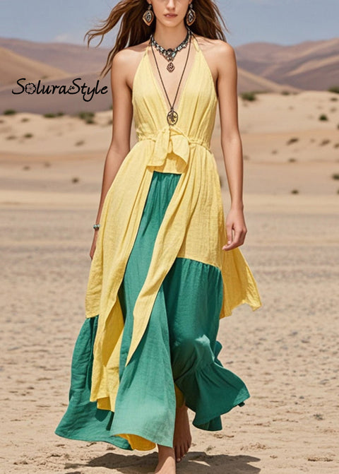 Fine Yellow Asymmetrical Patchwork Cotton Halter Dresses Summer 2025-Spring-Summer-Linen