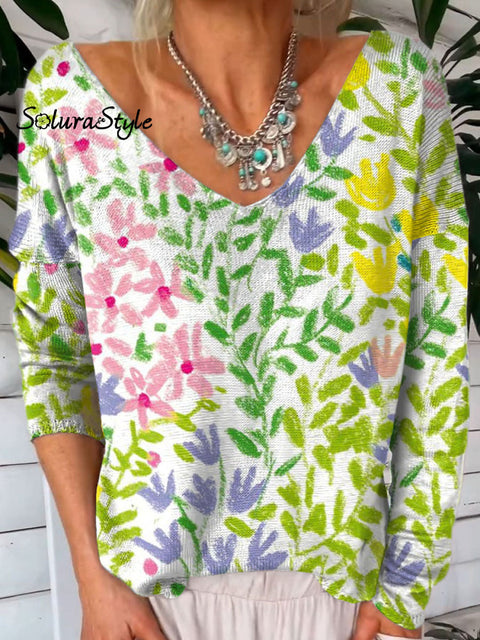 Florals Art Print V-Neck Pullover Knit Top Multicolor / S